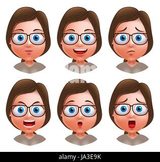 Woman avatar vector character. Set of teenager nerd girl heads with facial expressions wearing eyeglasses isolated in white background. Stock Vector