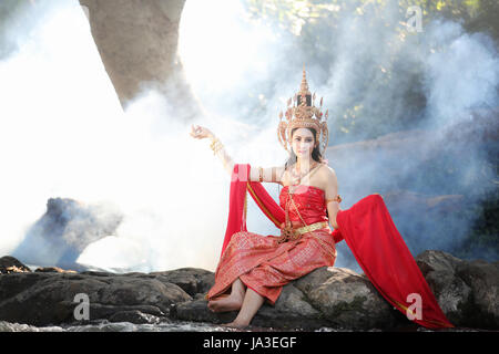 woman wearing typical thai dress and identity culture of thailand Stock Photo