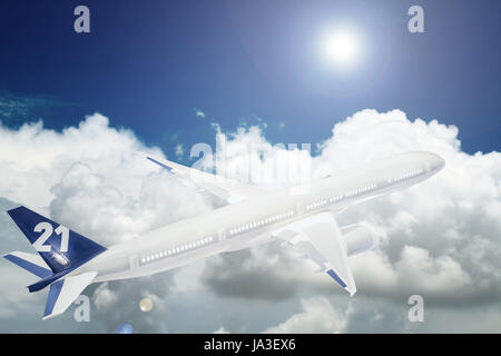 Aircraft is flying in blue cloudy sky Stock Photo