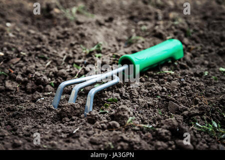 Garden fork, rake lying on the ground, top view, close-up. Stock Photo