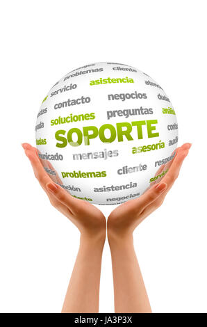 Hands holding a 3D Support Word Sphere in white background. Stock Photo