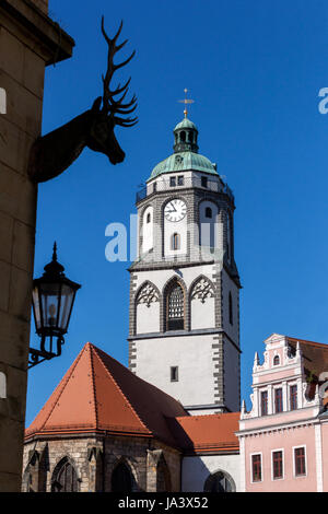 Meissen Germany Frauenkirche Tower and Hirsch Haus (Deer House) sign Markt square  Meissen Old Town Germany Saxony Germany facade detail Stock Photo