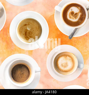 A seamless pattern of cups of coffee, black and with milk, shot from above on a toned background Stock Photo
