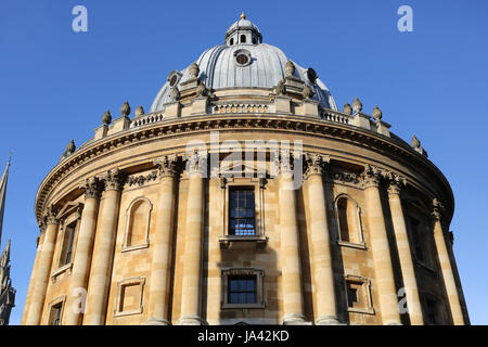 Top half of the Oxford Radcliffe Camera building in early morning sunlight and blue sky Stock Photo