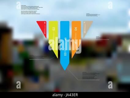 Illustration infographic template with motif of triangle vertically divided to five standalone color sections with simple sign, number and sample text Stock Vector