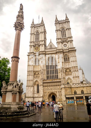 London, UK - May 28, 2016: Exterior of Gothic church Westminster Abbey, This is a traditional place of coronation and burial site for English monarchs Stock Photo