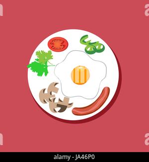 vector illustration of breakfast flat design. Food on plate. Fried egg, mushrooms, tomato, veggies. Stock Vector