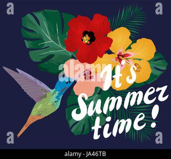 vector illustration of it is summer time with tropical flowers and birds Stock Vector