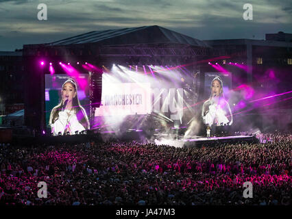 Ariana Grande performs during the One Love Manchester benefit concert for the victims of the Manchester Arena terror attack at Emirates Old Trafford, Greater Manchester. Stock Photo