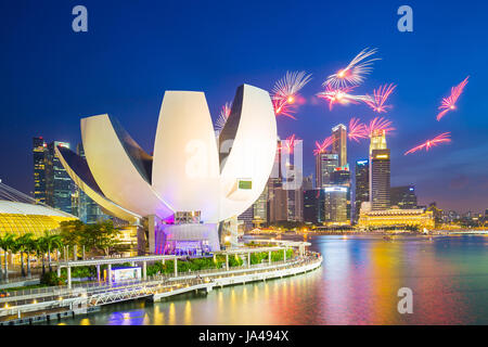 Singapore city, Singapore - July 18, 2015: Fireworks of SG50 celebrations in Singapore city, Singapore. Stock Photo