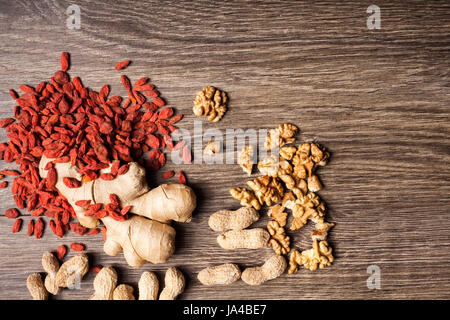 Mix Of Different Type Of Nuts On Wooden Background In Studio Photo 