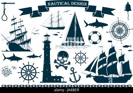 Set of sailing ships with nautical design elements Stock Vector
