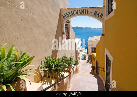 CALA FORNELLS, MALLORCA, SPAIN - SEPTEMBER 6, 2016: Entrance vault to Tortuga Restaurant and ocean view on a sunny day on September 6, 2016 in Cala Fo Stock Photo