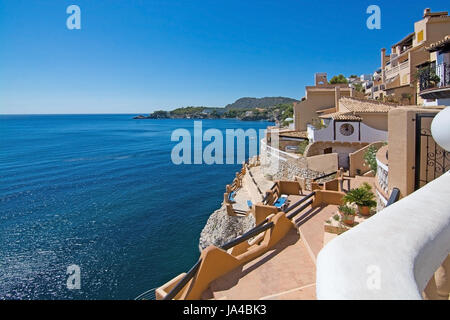 CALA FORNELLS, MALLORCA, SPAIN - SEPTEMBER 6, 2016: Tortuga restaurant sea view on a sunny day on September 6, 2016 in Cala Fornells, Mallorca, Spain. Stock Photo