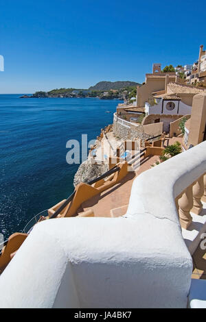 CALA FORNELLS, MALLORCA, SPAIN - SEPTEMBER 6, 2016: Tortuga restaurant sea view on a sunny day on September 6, 2016 in Cala Fornells, Mallorca, Spain. Stock Photo