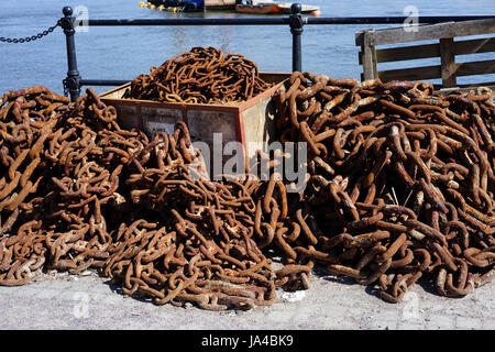 Old chain piled up on Conwy harbour,Conwy, Gwynedd, North Wales, UK. Stock Photo