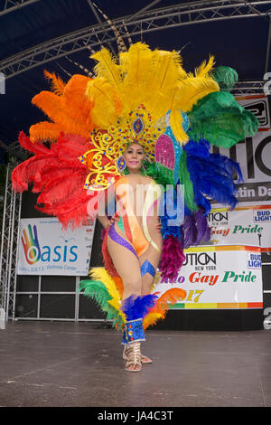 A transgender woman in an elaborate costume at the Queens Pride Parade in Jackson Heights, Queens, New York. Stock Photo