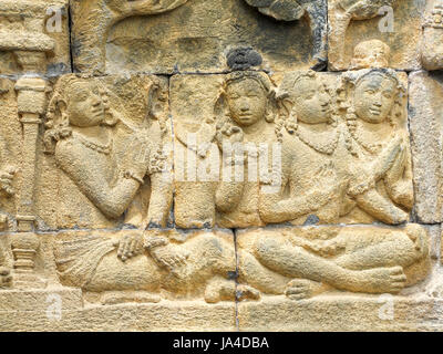 relief detail at a temple named Borobudur located in Java, a island of Indonesia Stock Photo