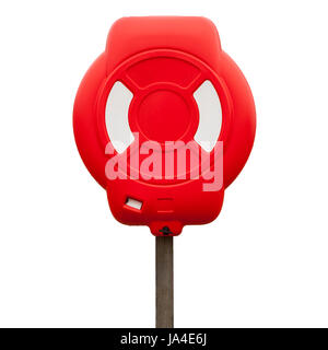 Bright red lifebuoy case on wooden pole isolated on white Stock Photo