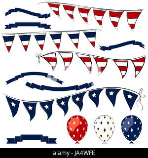 4th of July decorations vector elements. Independence Day pennant banner, balloons and ribbons set Stock Vector