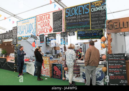 Café Môr seafood stall, Festival Foodhall, Hay Festival 2017, Hay-on-Wye, Brecknockshire, Powys, Wales, Great Britain, United Kingdom, UK, Europe Stock Photo