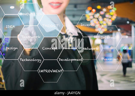 Asian Businesswomen holding hand and touching on virtual screen Innovation concept presented by a consultant in management Stock Photo