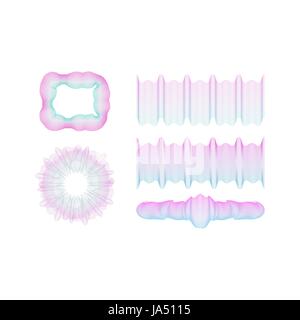Set of guilloche decorative elements for certificate, official paper, round, rosette, border pattern for security, vector illustration on white backgr Stock Vector