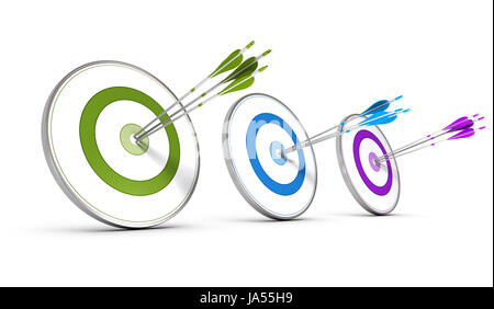 Three colorful targets with arrows hitting the center, concept image for achieving business objectives Stock Photo