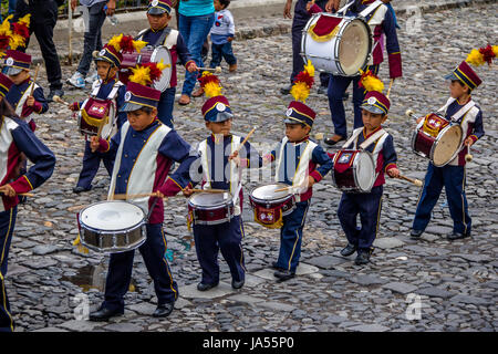 Group of small children Marching Band in Uniforms - Antigua, Guatemala Stock Photo