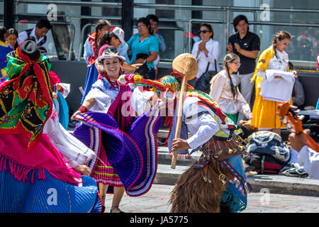 Group in local costume performing ecuadorian traditional dance - Quito, Ecuador Stock Photo