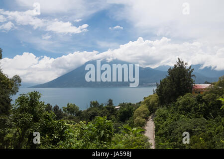 High view of Lake Atitlan and San Pedro Volcano - San Marcos La Laguna, Lake Atitlan, Guatemala Stock Photo