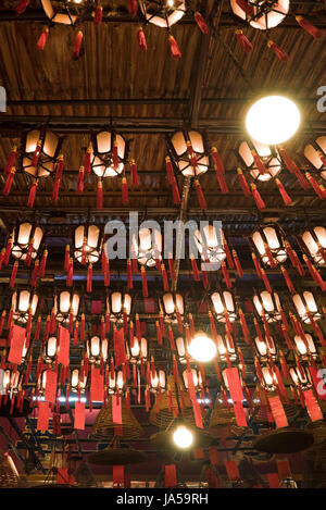 Vertical view of prayers tied to decorative lanterns inside the Man Mo temple in Hong Kong, China. Stock Photo