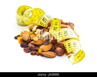 Various nuts and raisins with measuring tape isolated on white background. Stock Photo