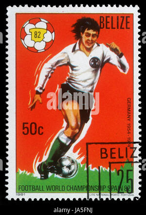BELIZE - CIRCA 1982: 1982 stamp printed by Belize, shows World Football Championship, Spain, circa 1982. Stock Photo