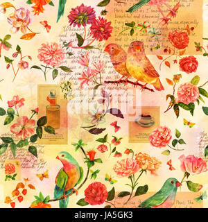 Toned seamless pattern with hand drawn watercolor birds, flowers and butterflies, and scraps of stylized pieces of old texts and postage stamps Stock Photo