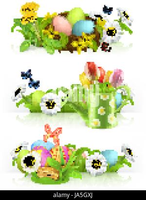Easter, Spring flowers 3d vector banner set Stock Vector