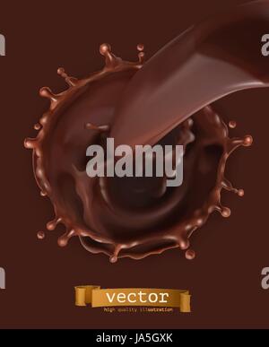 Chocolate flow, drops and splash. 3d vector icon Stock Vector