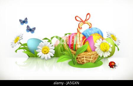 Easter, basket and eggs. Spring flowers 3d vector banner Stock Vector