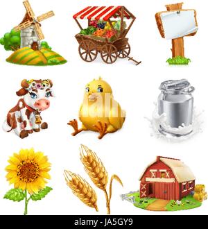 Farm set. Agricultural plants, animals and buildings. 3d vector icon Stock Vector