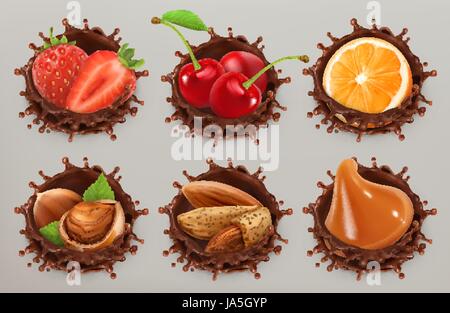 Fruit, berries and nuts. Realistic illustration. Chocolate splash 3d vector icon set Stock Vector