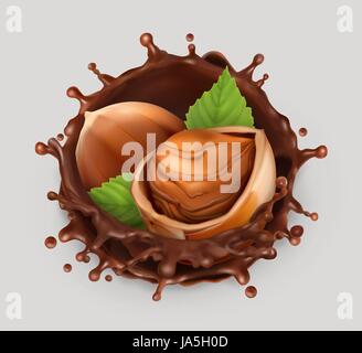 Hazelnut and chocolate splash. Realistic illustration. 3d vector icon Stock Vector