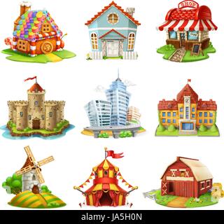 Houses and castles. Buildings 3d vector icons set Stock Vector