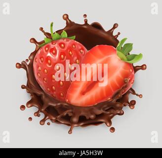 Strawberry and chocolate splash. Realistic illustration. 3d vector icon Stock Vector