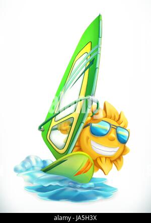 Summer Windsurfing. Funny sun on surfboard 3d vector icon Stock Vector