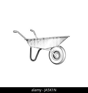 Garden cart. Wheelbarrow engraving. Gardening or construction sign Stock Vector