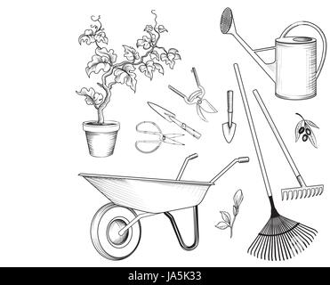 Garden tools set. Gardening plant, watering can, wheelbarrow, rake, shovel, spade, cart engraved signs Stock Vector