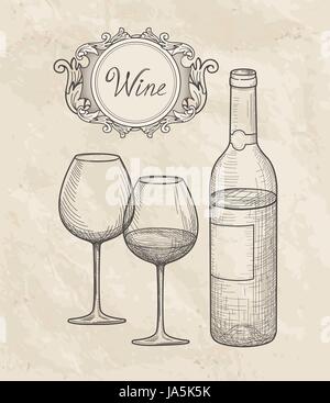 Wine set. Wine glass, bottle, lettering. Cafe menu. Wine card sketch Stock Vector