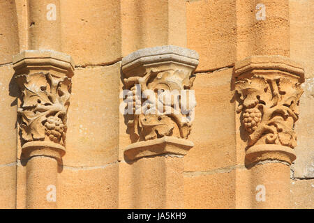 Sculpted entwined vines and grapes decorating the main entrance doorway of the medieval ruins of Orval Abbey at Villers-devant-Orval, Belgium Stock Photo