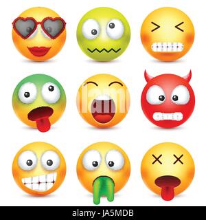 Smiley set. Green,red,happy,sad,ill,tired emoticon. Yellow face with emotions. Facial expression. 3d realistic emoji. Funny cartoon character.Mood. Web icon. Vector illustration. Stock Vector