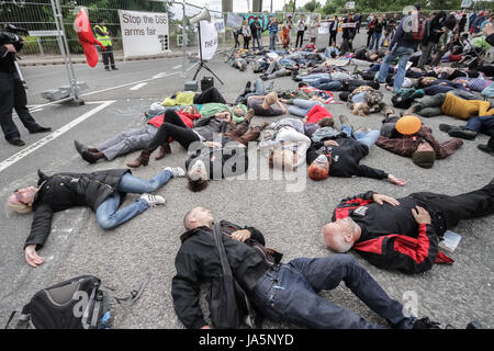 'Die-In' protest. Stop the Arms Fair. Anti-war protest outside Excel Centre in east London, UK. Stock Photo
